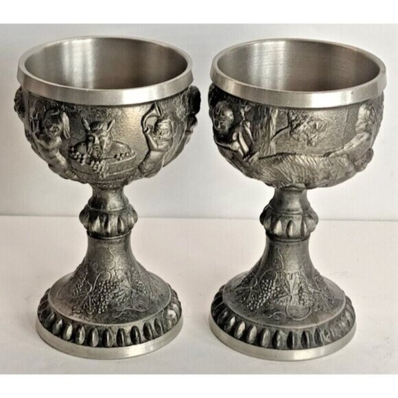 Pewter Wine Goblets Three Scenes depict Rein Zinn Pure 95% Germany 5.5" set of 2 - Picture 1 of 10